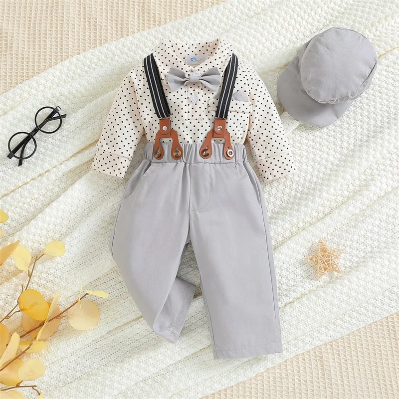 

0-18M Baby Boy 3-Piece Set Of Gentleman'S Clothing Long-Sleeved Polka Dot Printed Shirt + Overalls + Hat Set Baby Clothes