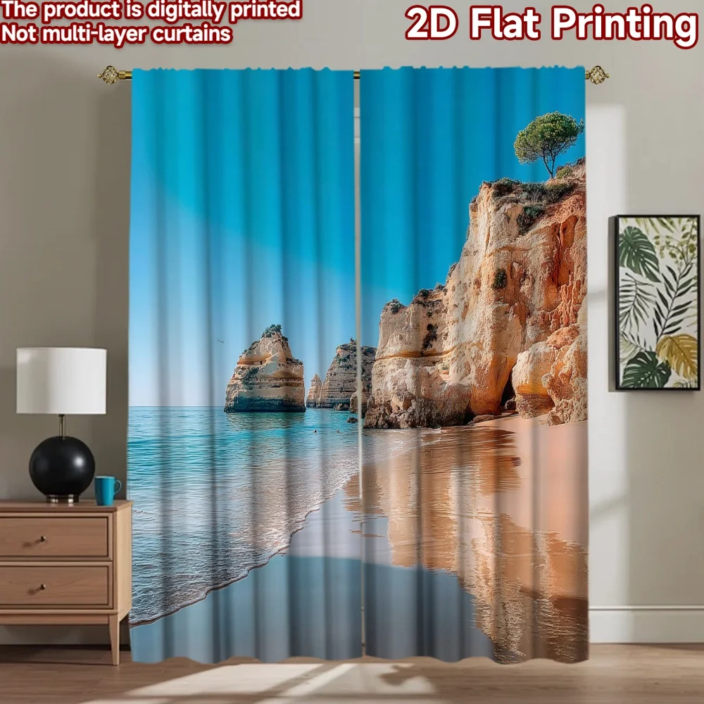 2D flat printing 2pcs Curtain Cliff beach ocean wave Digital Printed Polyester Drapes Party Decorations for Parties and Everyday
