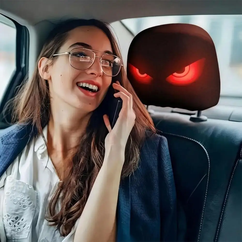 2 Pieces Black Car Headrest Covers with Red Glowing Evil Eyes, 2D Printed, Elastic, Universal Car Seat Headrest Protectors