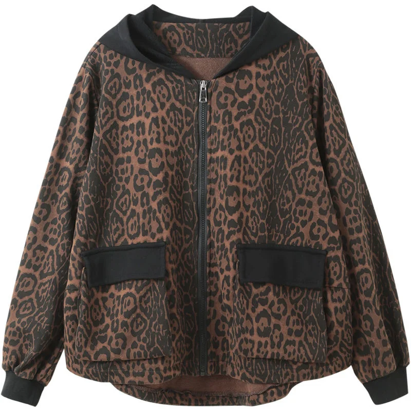Middle Aged And Elderly Mothers\' Leopard Print Jacket 2023 Spring Autumn New Women Spliced Short Jacket Korean Loose Hooded Coat