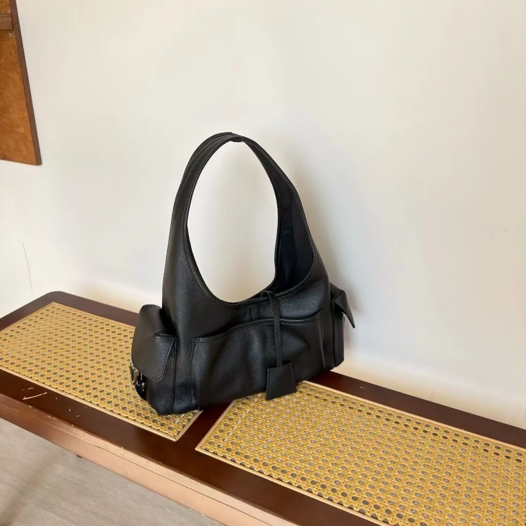 New first-layer cowhide multi-pocket locomotive bag retro matte leather underarm tote bag commuter shoulder bag