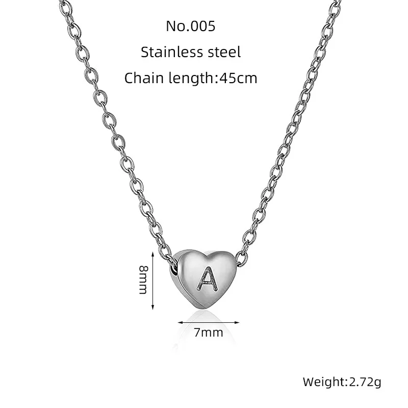Silver Fashion Stainless Steel Heart Shape Pedant 26 Letter Initials Necklace Steel Color Collarbone Chain Wholesale