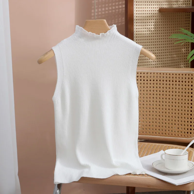 Pullover senza maniche con colletto floreale classico estivo Maglia da donna in lana imitazione fine Top morbidi di alta qualità in stile europeo