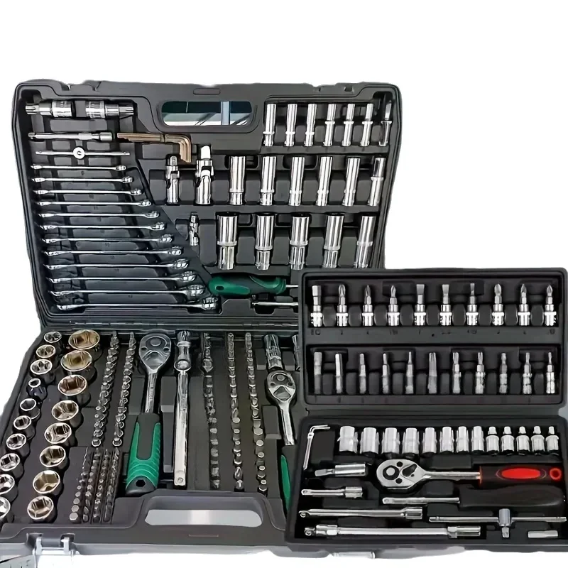 216/46 PC Mechanical Tool Socket Kit 1/2” 1/4” 3/8” Drive SAE Metric Sizes Universal Ratchet Wrench Kit Suitable for Car Garage