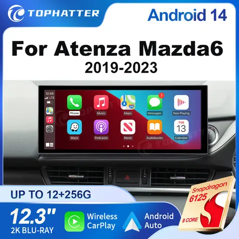 안드로이드14 카플레이 12.3인치 마쯔다6 2019-2023용 카 라디오 스테레오 GPS 8코어 내비 2K HD 스크린 DSP 퀄컴6125 멀티미디어 플레이어