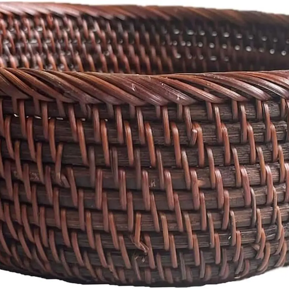 

Handcrafted 9 Round Dark Brown Rattan Bowl with Scalloped Edge, 3 Deep Wall Wicker Basket for Bread, Fruits, or as a Table Cente