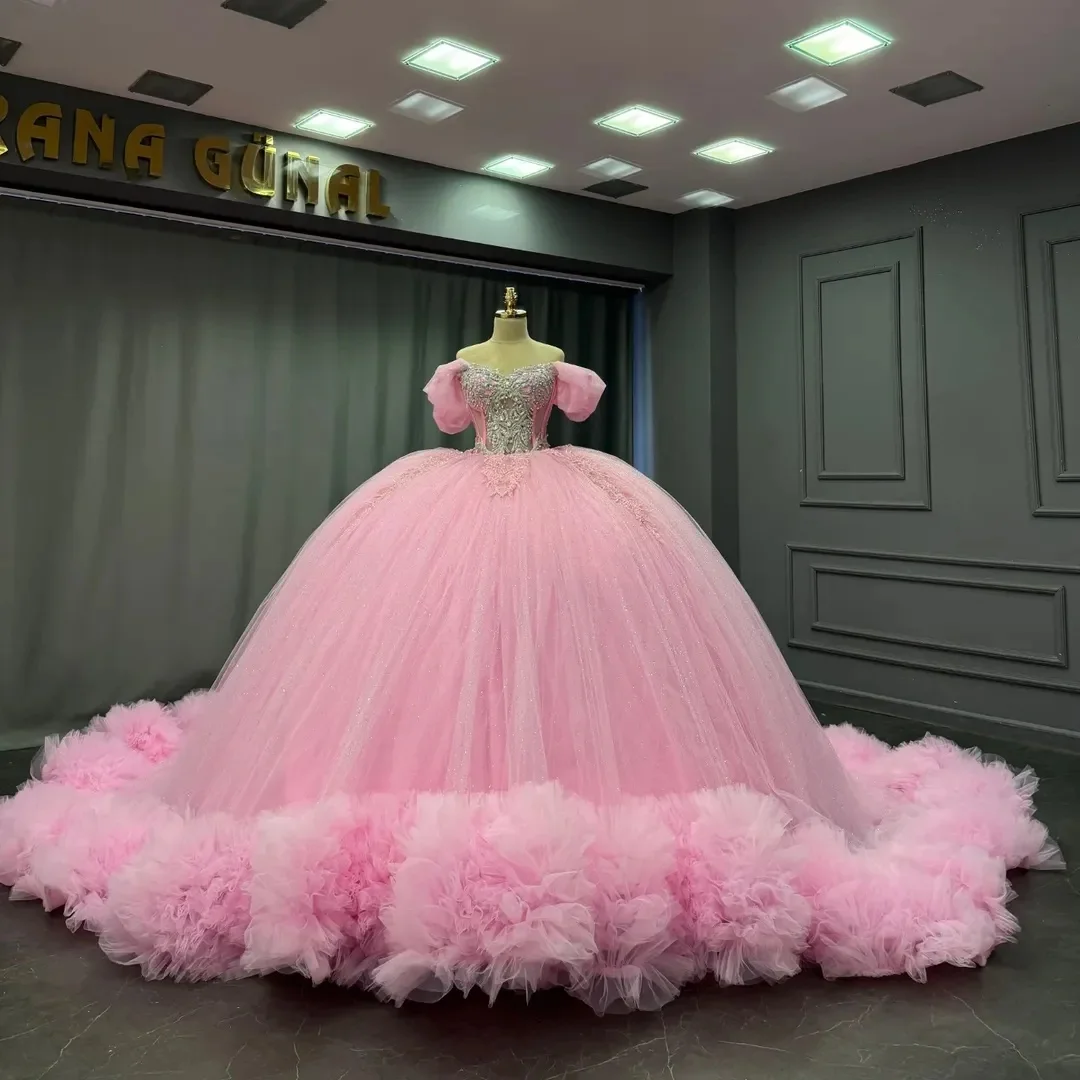 

Off The Shoulder Beading Crystal Glittering Tiered Tulle Embroidery Flowers Ruffles Ball Puffy Princess Evenning Wedding Dress