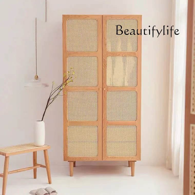 

Nordic Simple Solid Wood Rattan Wardrobe Home Double Door Wardrobe