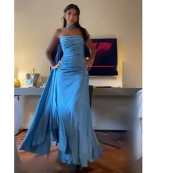 Customized Elegant Blue Chiffon Evening Dress Strapless Tight Corset Backless Lace up Long Party Gowns vestido para mujer