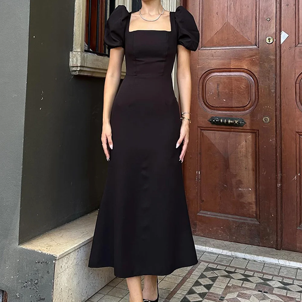 Elegant Off the Shoulder Jersey Evening Dresses Temperament A-Line Tea Length Square Neck Short Sleeves Special Occasion Gowns