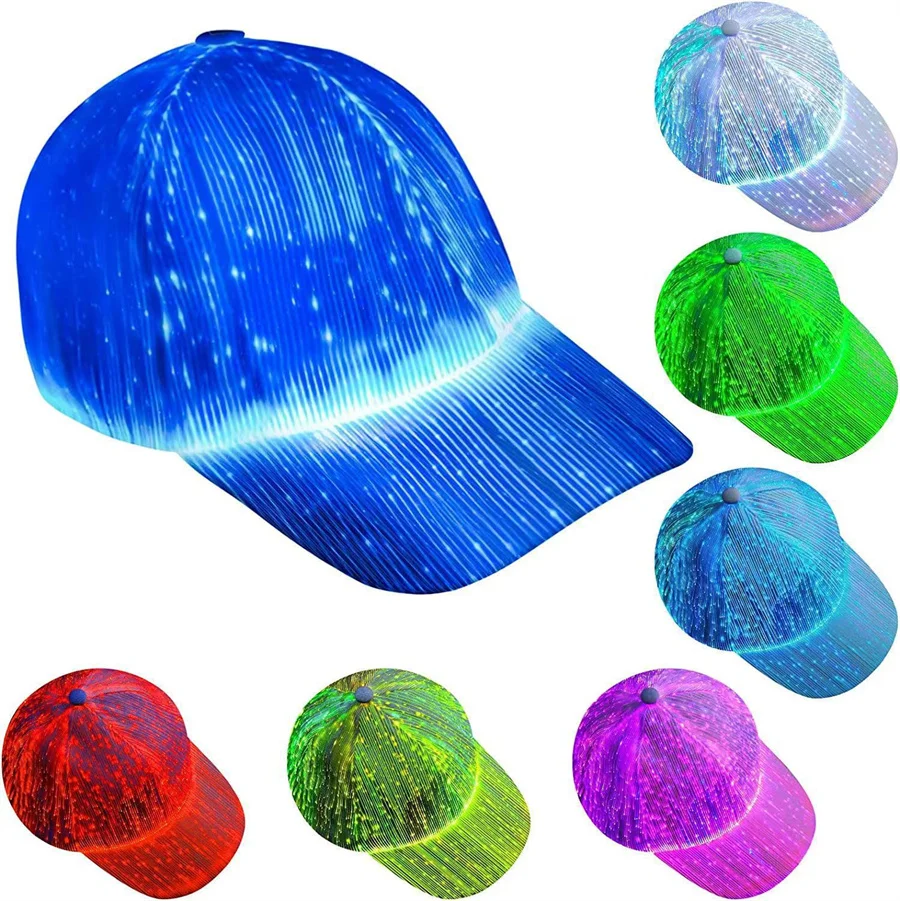 

USB Rechargeable Fiber Optic LED Hat 7 Colors Baseball Cap Light Up Bar Dance Glowing Stick Hip Hop Flash Cap Costume Party Hat