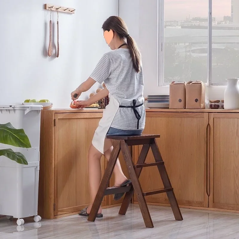 Solid Wood Foldable Step Stool Home Kitchen 3 Step Ladder Bar Stool Multifunctional Compact Thickened Stool Kitchen Furniture