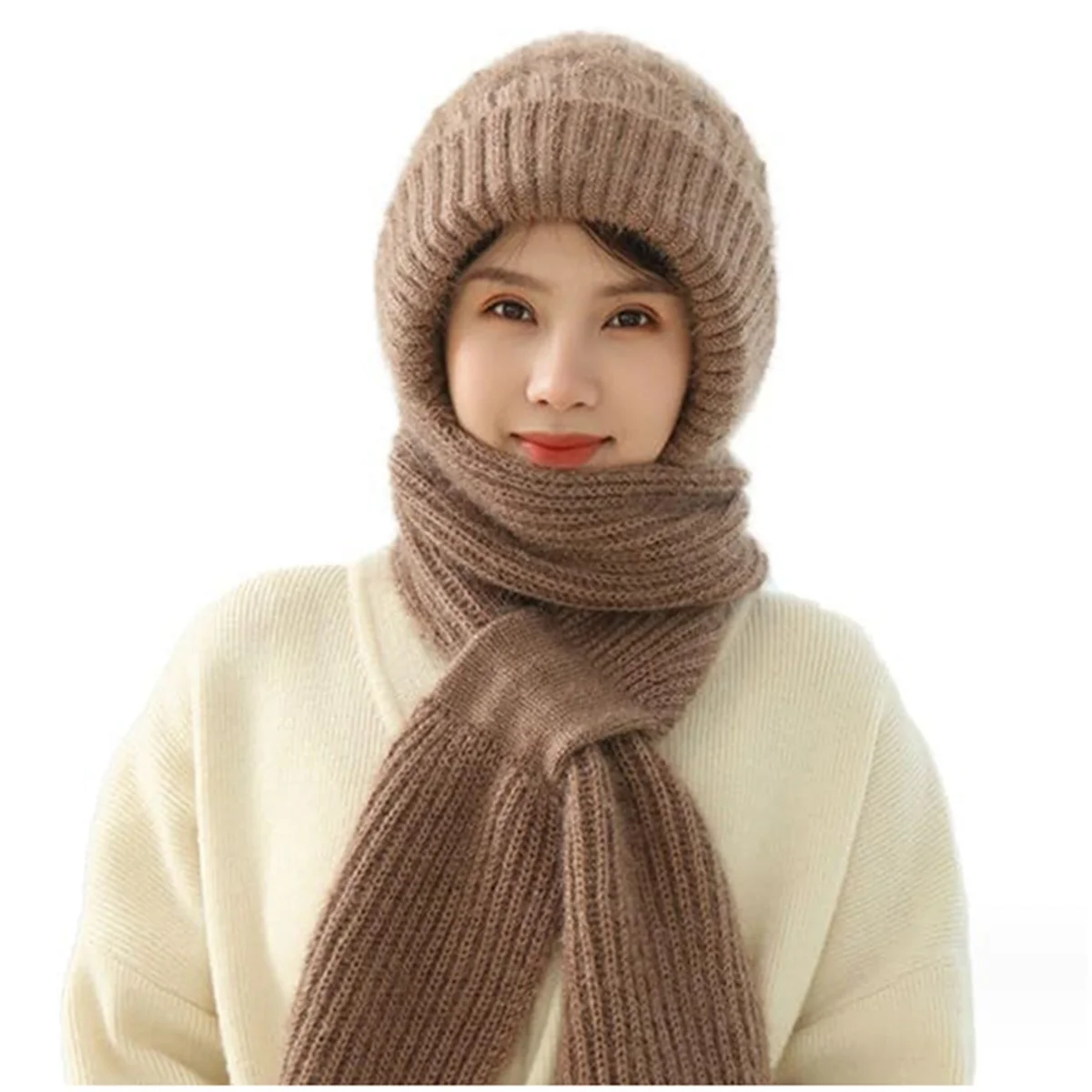 Women'S Plush-Lined Acrylic Balaclavas Hood Scarf Hat Windproof Integrated Ear Protector Fashionable Winter