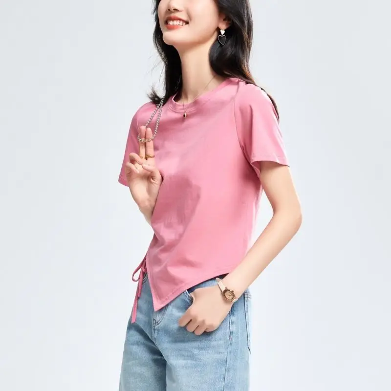 2023 Female Clothing Summer New Fashion Versatile Casual Women's T-shirt Solid Round Neck Pleated Short Sleeve Tops