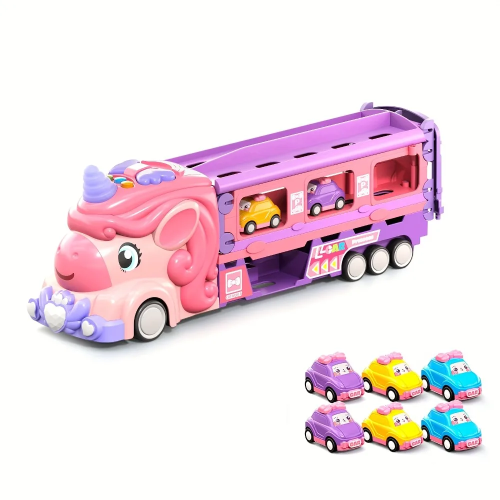 لعبة سيارة شاحنة نقل وردية مع وضع مسار ممتد، تخزين قابل للطي، تأثيرات أضواء وموسيقى، تتضمن 6 سيارات صغيرة، لعبة أطفال