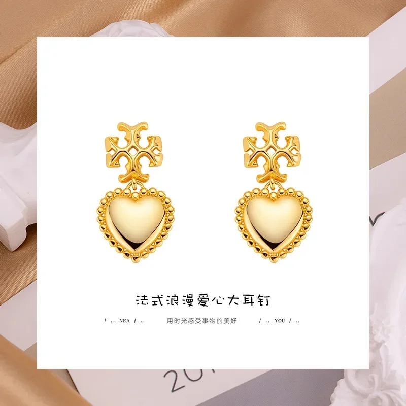 9999 Real Gold 24K French Light Luxury High-end Love Earrings Niche Retro Temperament 925 Silver Needle Gold Love Stud Earrings