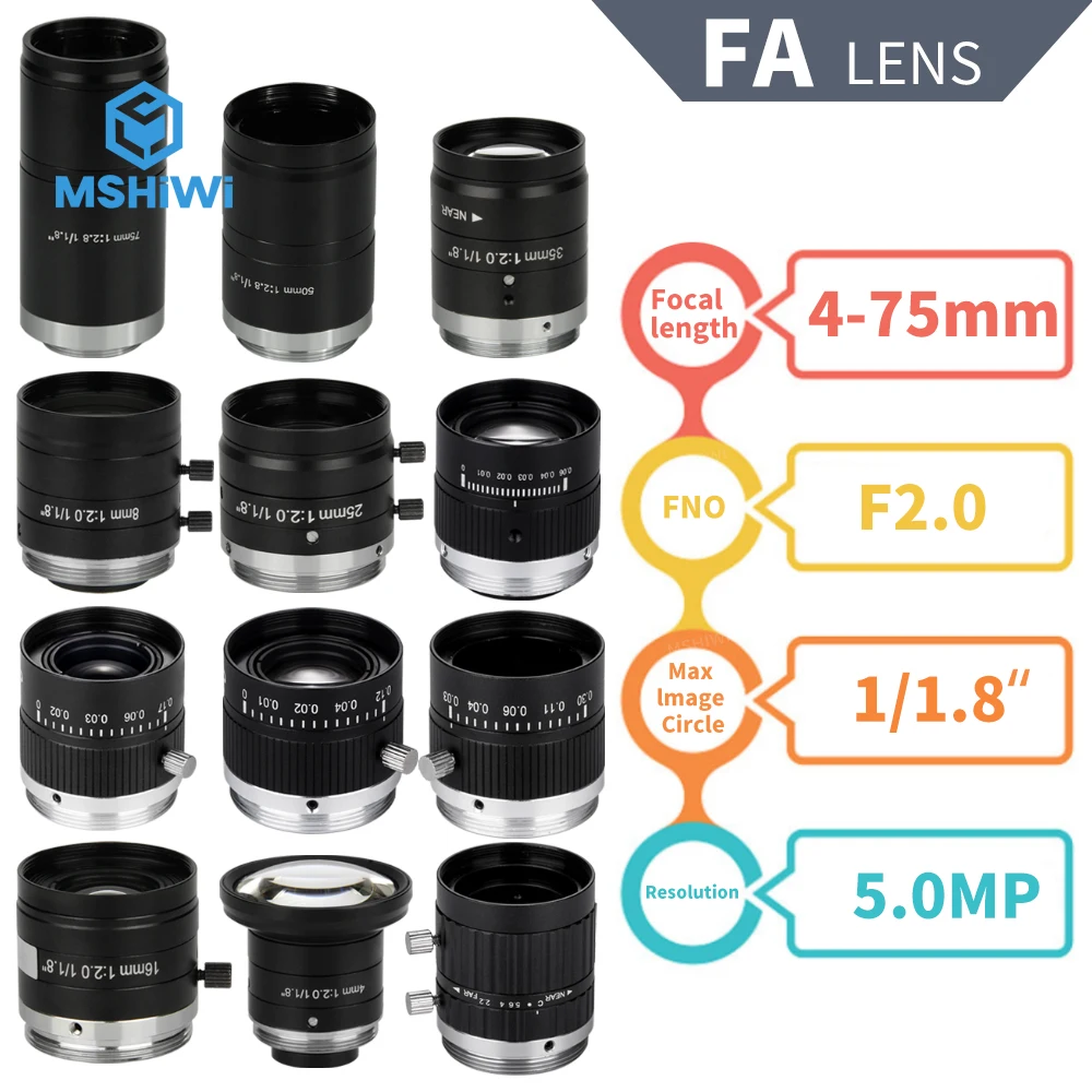 Imagem -06 - Lente Focal Fixa 12 16 25 35 50 75 mm fa Lente 5mp f2 1.8 Lente de Visão de Máquina C-monte para Inspeção Vigilância Industrial