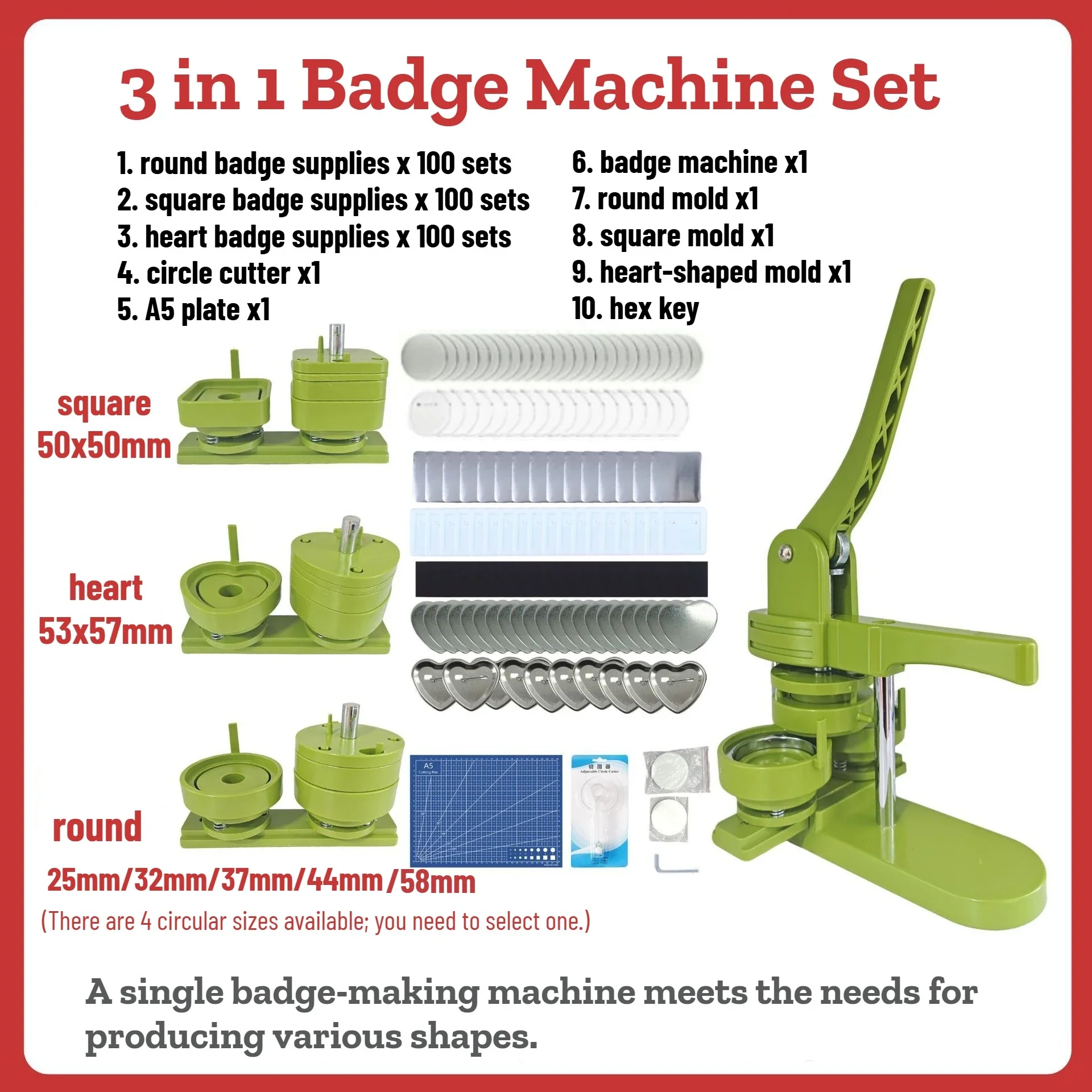 3 in 1 Button Maker Machine Multiple Sizes Round+Square+Heart-Shaped with 300 sets Metal Button Parts Circle Cutter Cutting Mat