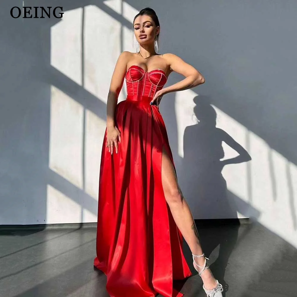 OEING Red Long Party Evening Dresses Sweetheart Stain Strapless Pleats Side Split Prom Gowns Sexy Formal Occasion Dress Gala