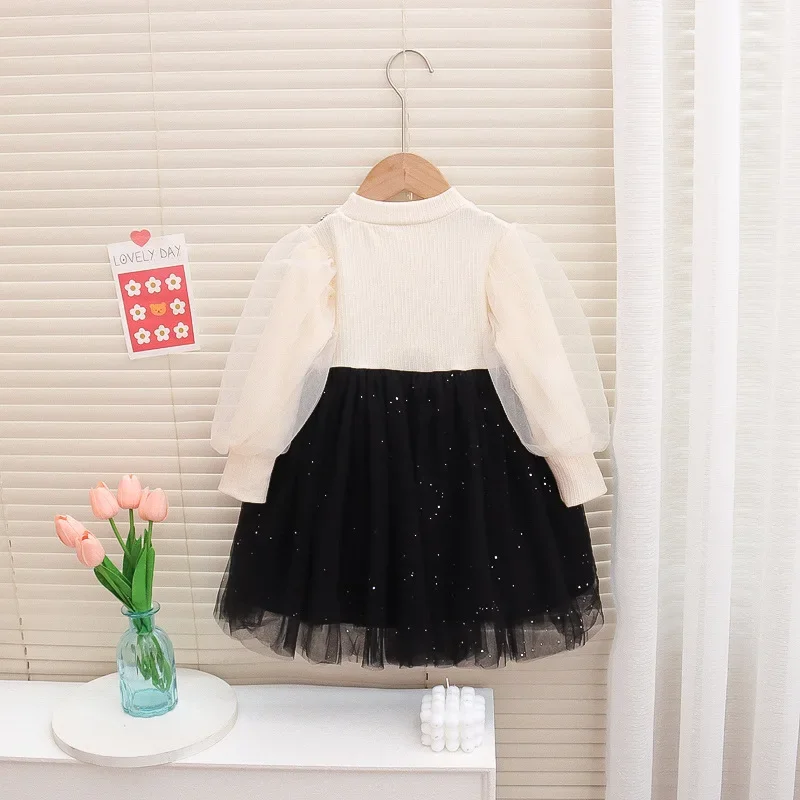 Newborn Baby Girl Princess Dress Spring Autumn Korean Version Bubble Sleeves Bow Dress Toddler Infnat Girl Mesh Dress