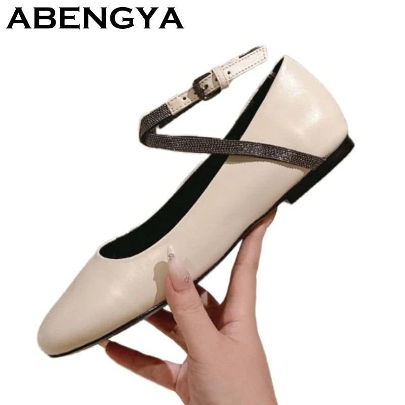 

2025 Summer New Real Leather Flat Shoes Women Round Toe Ankle Buckle Mary Janes Single Shoes Casual Walking Loafers Shoes Mujer