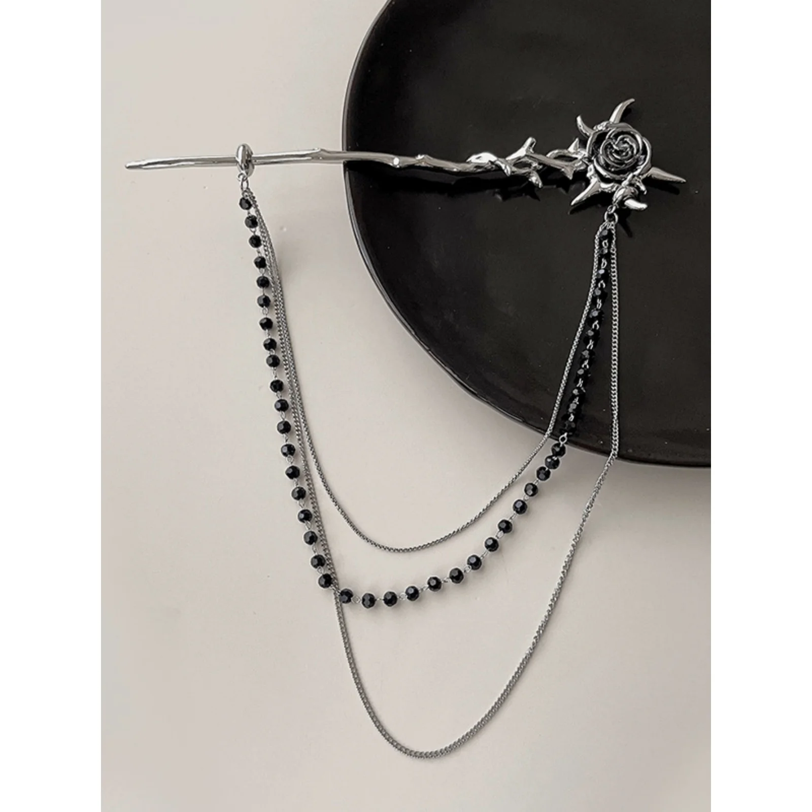 1PC Gothic Punk Thorn Rose Tassel Beaded Chain Hair Accessory & Hair Clip (For Women), Zinc Alloy