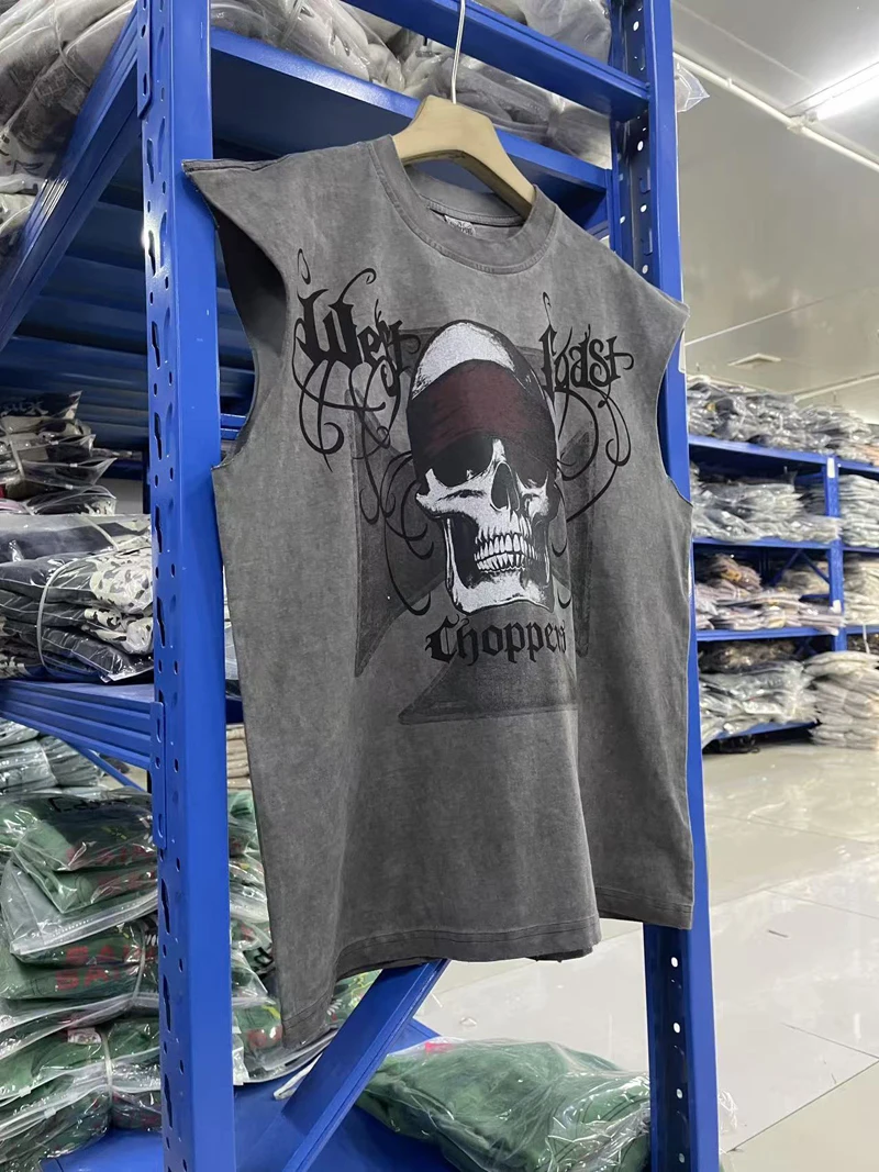 2026ss West Coast Skull Print Sleeveless T-shirt High Quality Men Women Washed Loose Cotton Vest