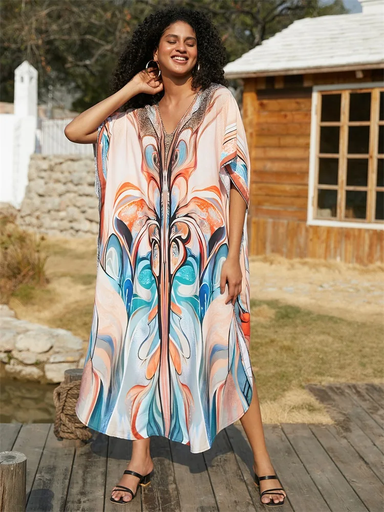 EDOLYNSA Plus Size Kaftan nadruk w stylu Boho 2024 letnie przytulne stroje plażowe kostium kąpielowy dla kobiet luźna boczne rozcięcie sukienka