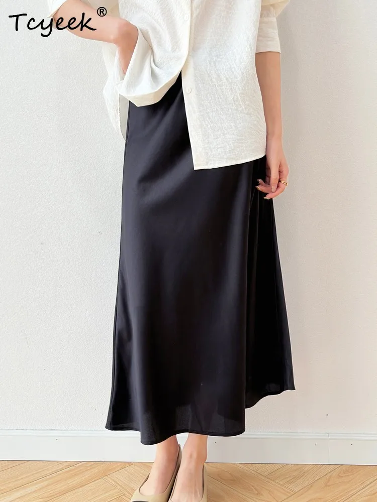 

Tcyeek 93% Шелковая юбка из тутового шелкопряда, женская одежда, модная летняя юбка 2026 года, элегантная шелковая юбка 21 мм для женщин, приталенная, женская юбка