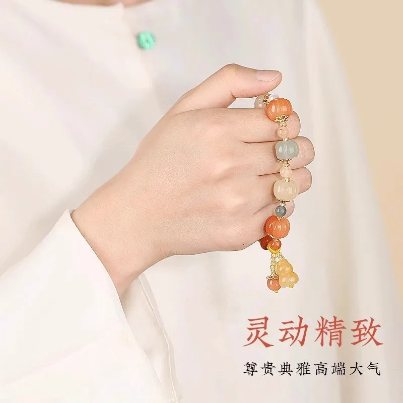 Lucky Multi-gem Bracelet, Natural Golden Silk Jade Pumpkin Beads, Bodhi Mixed Chain, Fine Jewelry for Couples & Students