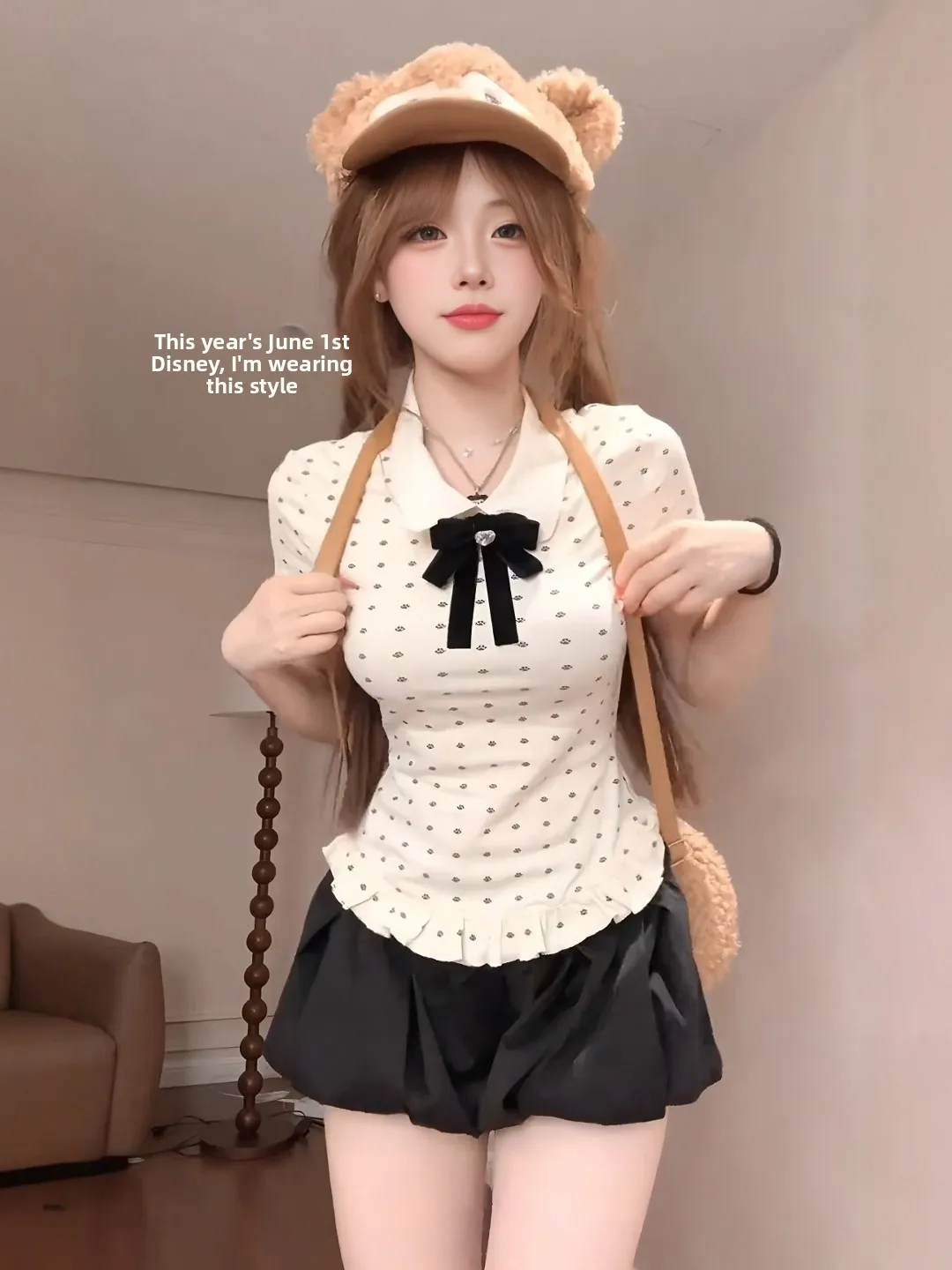 

Sweet Princess Polka Dot Short Sleeve Doll Collar Knot Summer Slim Fit Two Piece Set Women's Fashion Ensemble