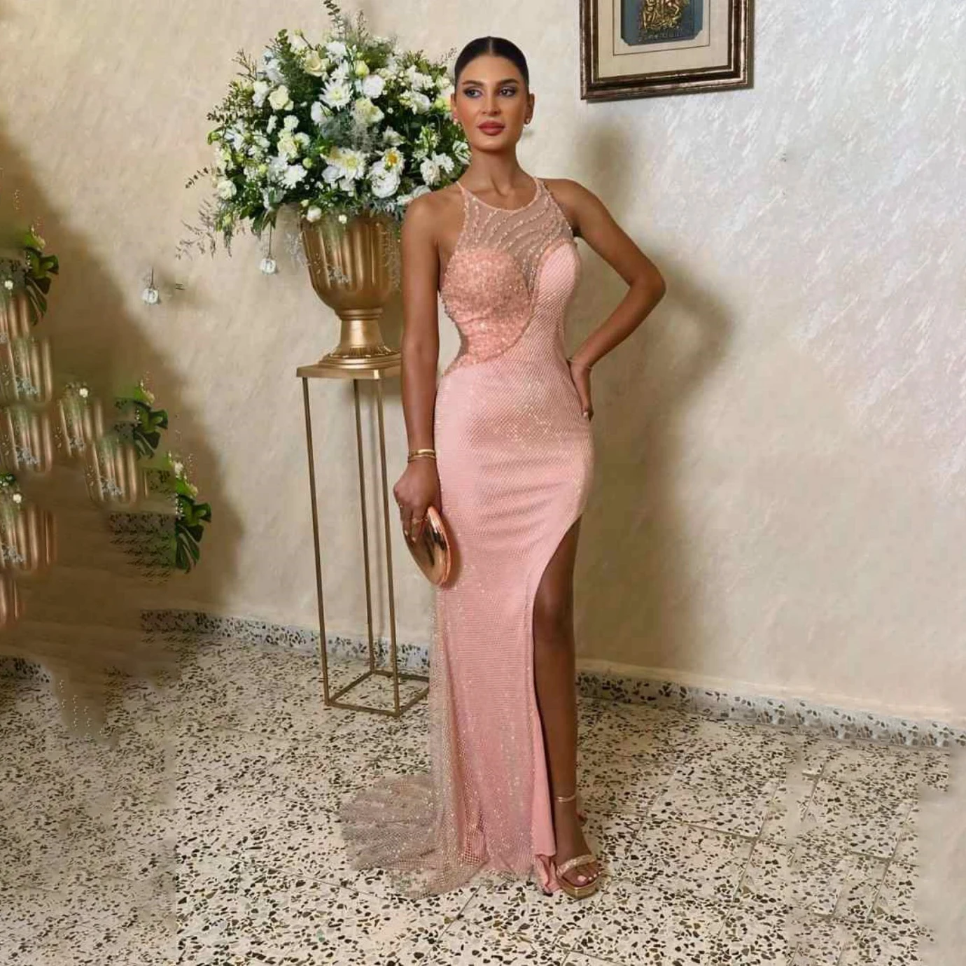 Elegant Long Evening Dresses Customizd For Black Girls Sequined High Split Birthday Party Prom Gowns Banquet Dress Robe