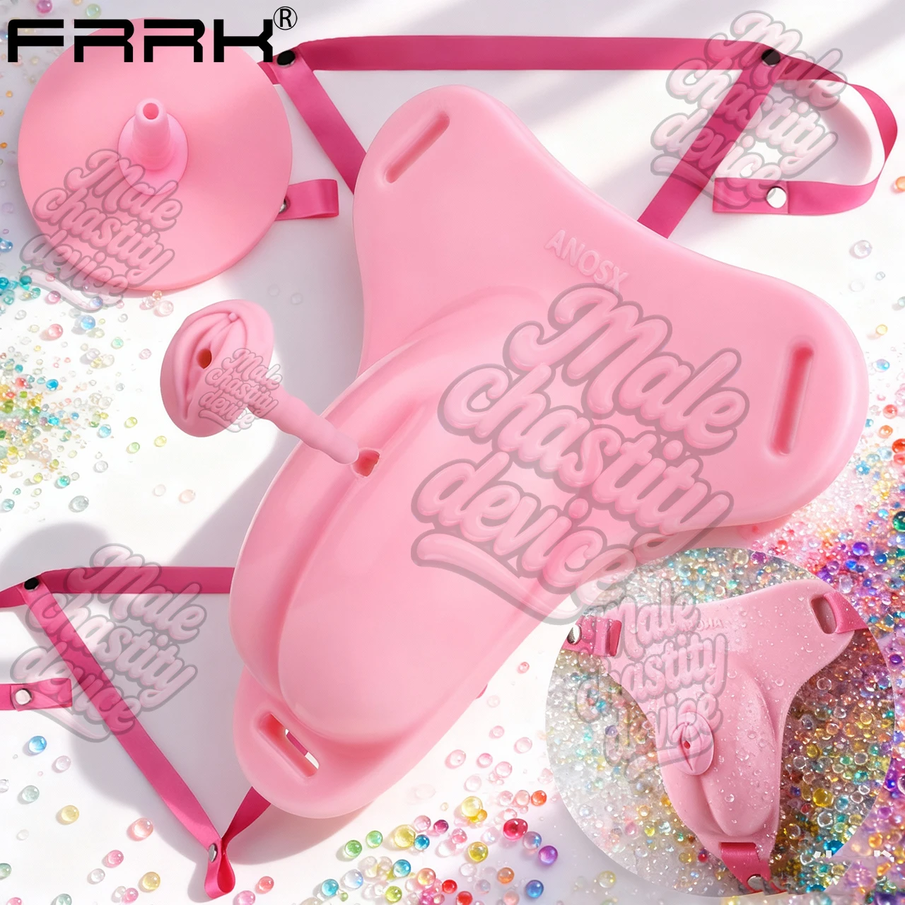 FRRK سيسي الوردي سيليكون قفص العفة مع حزام مطاط وحزام بولي يوريثان قابل للقفل كس صغير شكل قسطرة الإحليل BDSM الجنس لعب