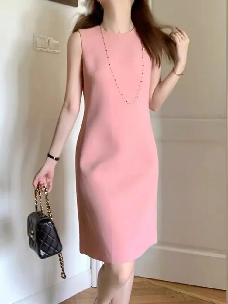 

Sleeveless Crew Neck Bodycon Pink Pencil Dress Formal Cocktail Party Sundres Solid Color One Piece Summer Women Clothing