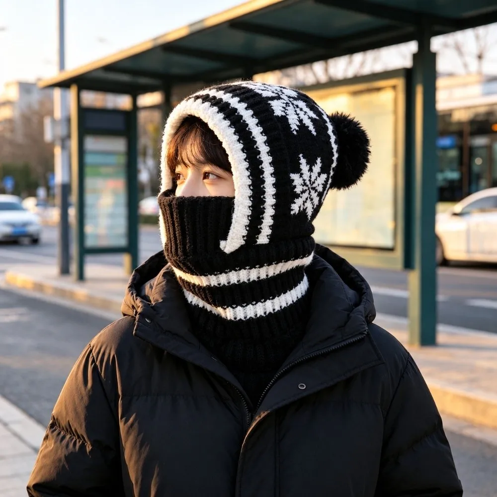 Fleece Lining Knitted Balaclava Hat Snowflake Jacquard Thick Warm Winter Beanie Mask Fluffy Pom Full Cover Thermal Face Cover