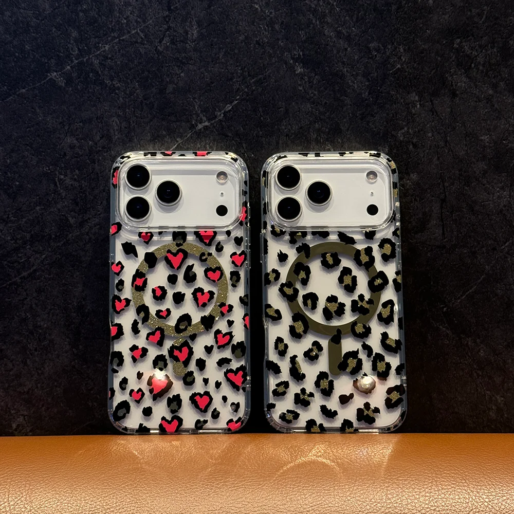 Para iphone 11/12/13/14/15/16/17 serie transparente patrón de leopardo funda protectora magnética para teléfono impermeable anticaída Pc + tpu