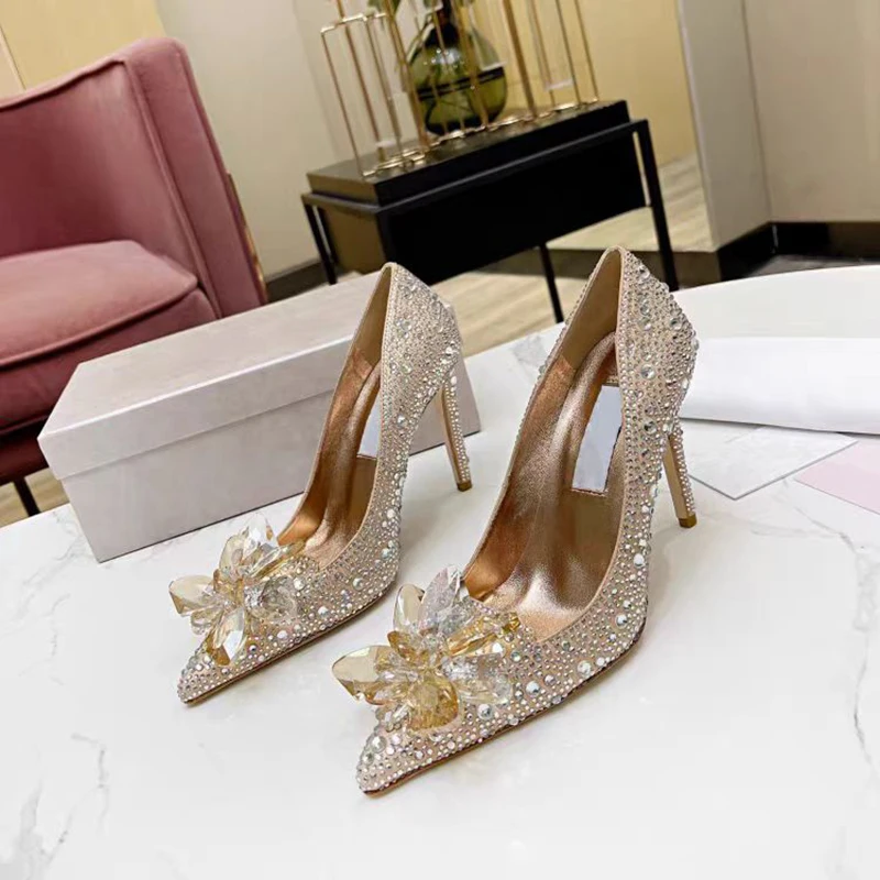 High-quality new two-piece high-heeled single shoes crystal flower glittering diamond tipped wedding shoes banquet dress women's