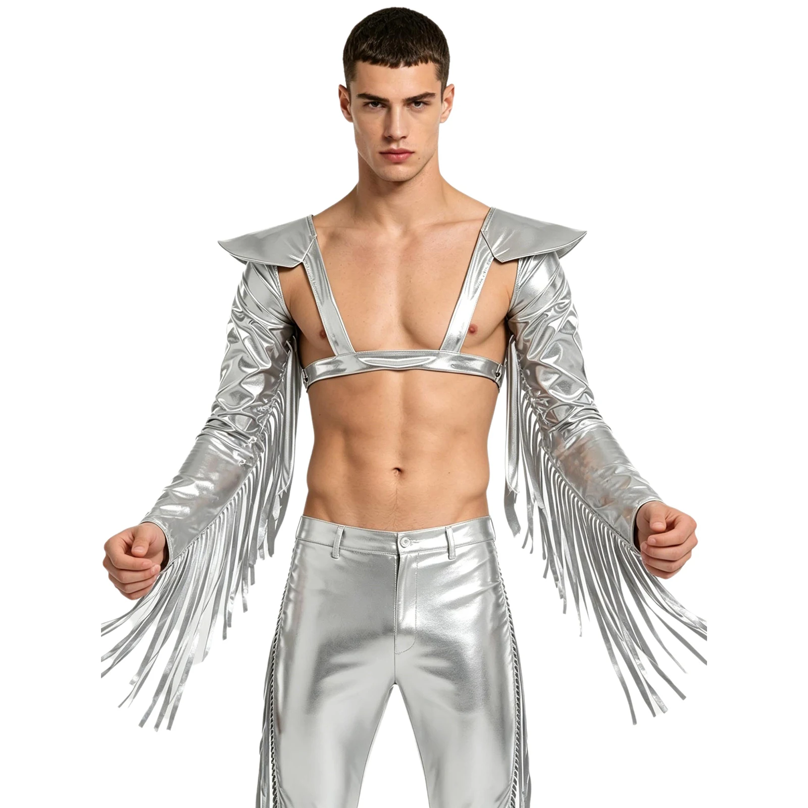 Men Metallic Shiny Fringed Arm Sleeves Crop Top Long Sleeve Tassels Epaulet Adjustable Chest Harness Tops Cosplay Party Clubwear