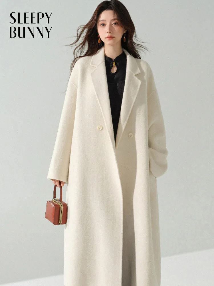 

Elegant Long Coat Wool Double-Breasted Women Loose Fit Outerwear Warm Woolen Overcoat with Chic Commuter Style Autumn Winter