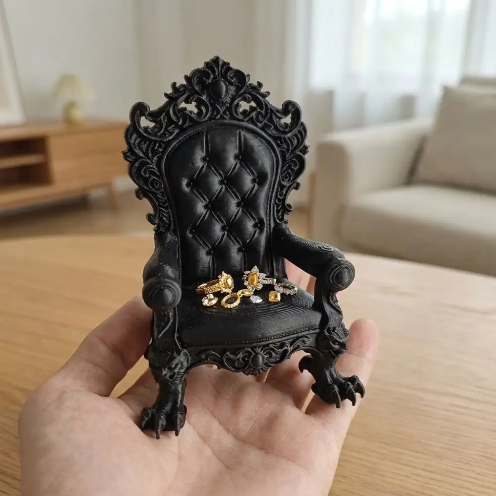 3D Printed Mini Gothic Throne Display Chair Dark Style Vintage Figure Throne Seat Imitation Cushion Back Embossed Carved
