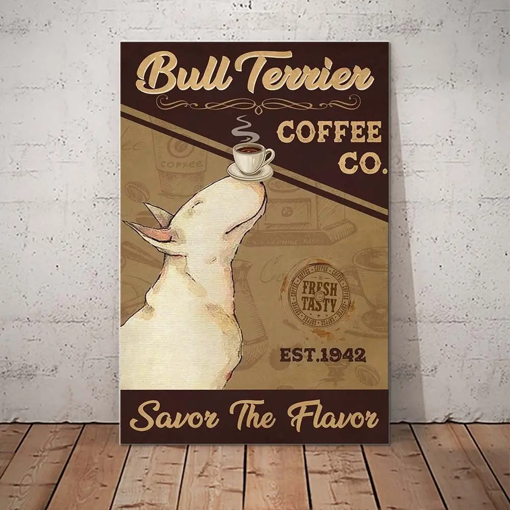 Metal Signs Bull Terrier Dog Coffee Co Savor The Flavor Signs Aluminum Signs Retro Tin Signs for Home Cafe Kitchen 12x8