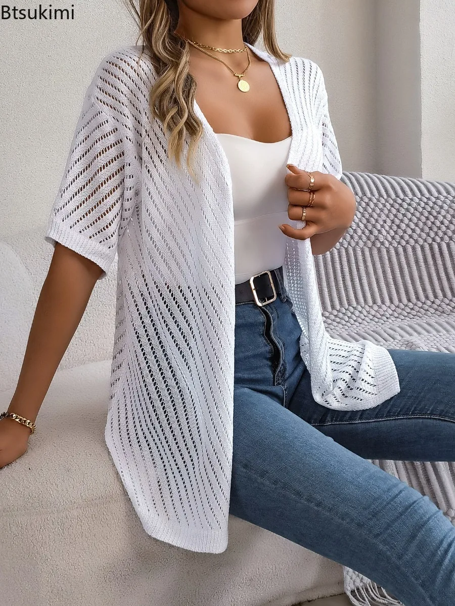 2025 Women's Spring Summer Hollow Knitted Cardigan Solid Color Short Sleeve Sunscreen Shirt Fashion Leisure Vacation Clothing