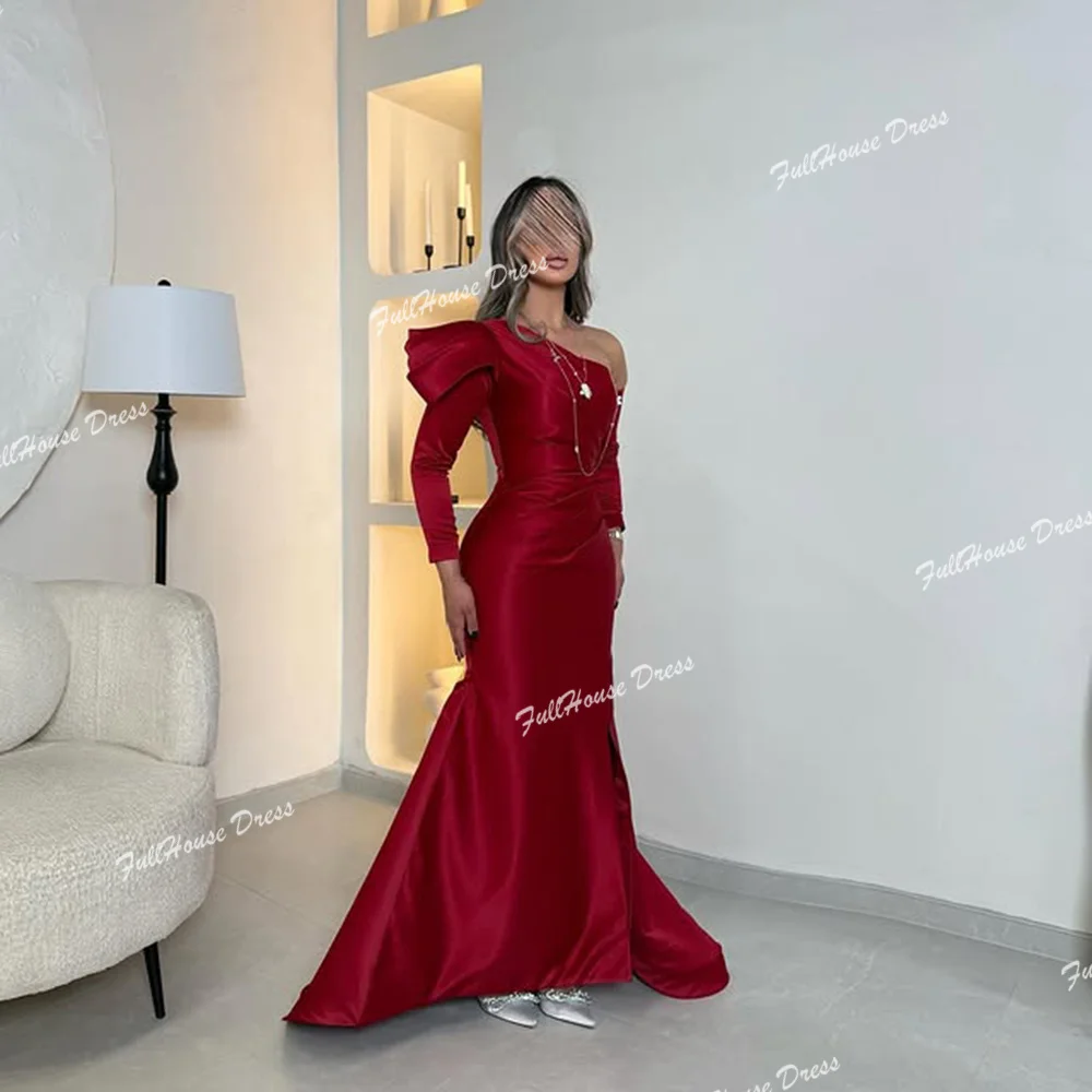 

Custom Made Simple One Shoulder Solid Evening Dress Sexy Sheath Floor Length Ruffles Party Dress with Train vestidos de fiesta
