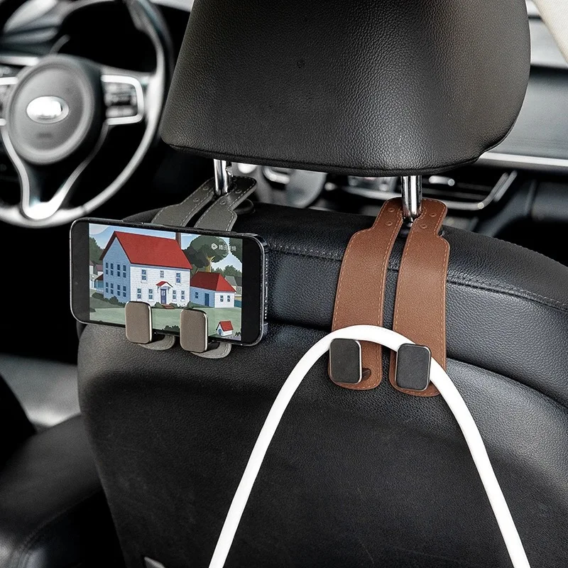 Quality Car Headrest Hook Premium Suede Rear Seat Hanging DualHook Large Load-Bearing Alloy Hook Hanger Universal
