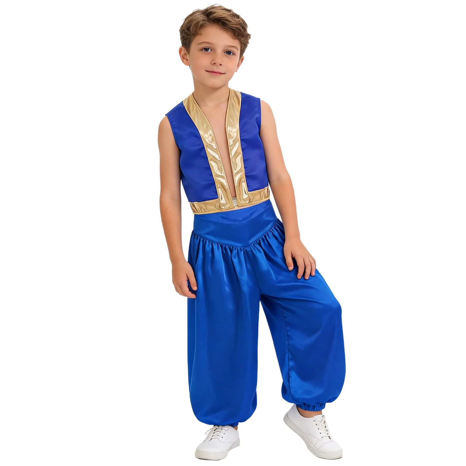 

Ancient Arabian Warrior Halloween Game Character Cosplay Costume Loose Vest with Wide-Leg Satin Bloomers Pant Set