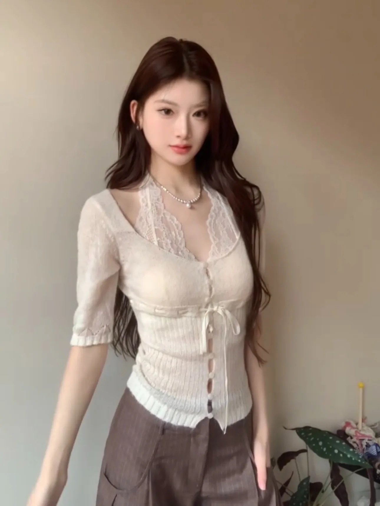 

Вязаный свитер Pure Desire с кружевной отделкой и U-образным вырезом на бретельках, женский, весна-осень, приталенный, красивый топ для повседневной носки