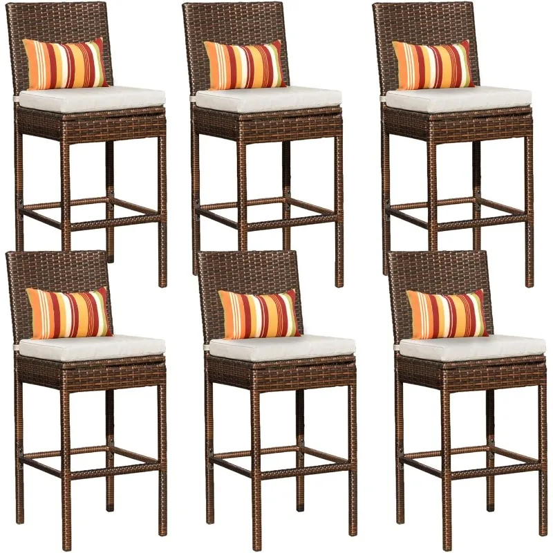 

Bar Stools 30 Inch Seat Height Set of 6, Patio Wicker Counter Stools with Back Rest, High Brown Rattan Chair with Pillow