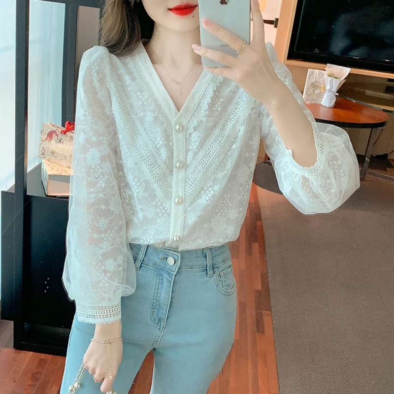 Long Sleeve White Blouse Shirt Women Tops Blusas Mujer De Moda 2024V-Neck Lace Blouse Women Shirts Blouses Blusa Camisas G383