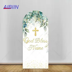 AIBIIN Baptism Arch Backdrop Cover Gold Cross Green Leaves God Bless Kids First Communion Custom Name Photography Background