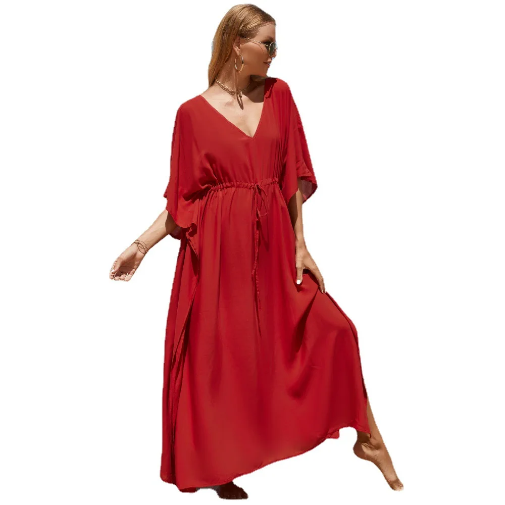 

2023 Spring Summer Beach Smock Rayon Waist Drawstring Holiday Gown Bikini Sunscreen Shirt Women Beach Coat Red